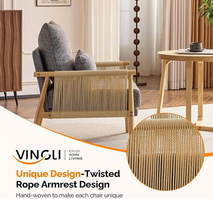 VINGLI Boho Braid Accent Armchairs Set of 2,Mid-Century Modern Chiars with Solid Wooden Armrest,Comfy Louge Cushion Chairs with Waist Pillow for Bedroom,Living Room,Reading Room, Gray