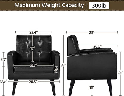 Yaheetech Mid-Century Accent Chairs, PU Leather Modern Upholstered Living Room Chair, Cozy Armchair Button Tufted Back and Wood Legs for Bedroom/Office/Cafe Black