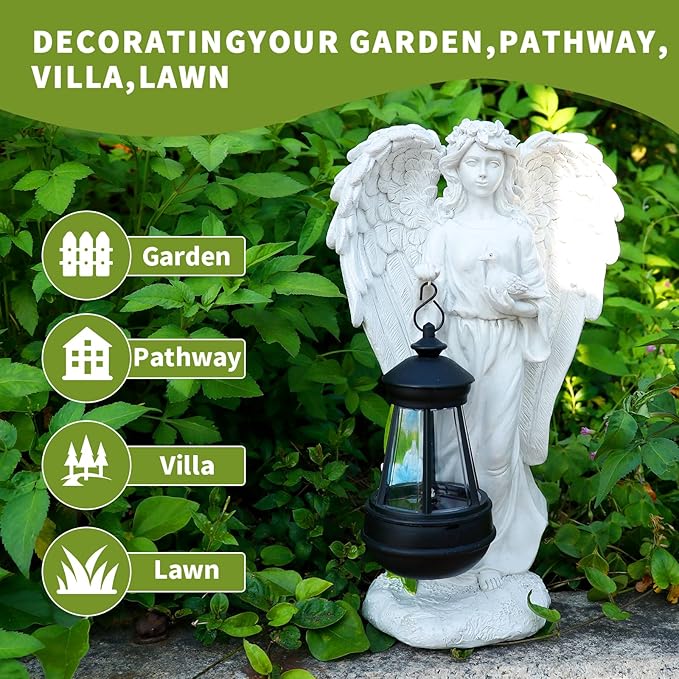 Solar Angel Garden Statue, Angel Figurine Outdoor Decor with Warm White Solar Lantern Garden Angel Figurine Outdoor Statue Waterproof Angel Sculpture Lawn Yard Art Patio Ornament Housewarming Gift