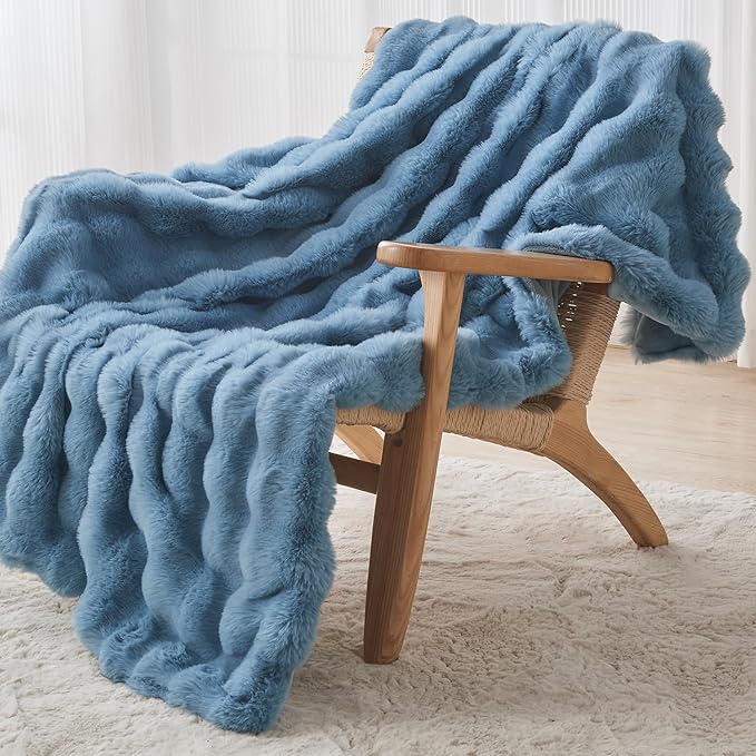 Lotus Karen Fuzzy Throw Blanket Blue - Big Bubble Faux Rabbit Fur Blanket for Couch,Softest Cozy Fluffy Blanket,Thick Furry Plush Shaggy Warm Blankets for Women,50x60 Inches