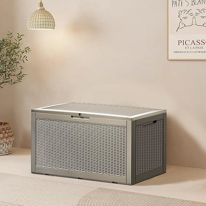 100 Gallon Resin Deck Box, Waterproof Outdoor Storage Bin for Patio Furniture, Pool Accessories, and Garden Tools, Lockable & UV-Resistant, Grey