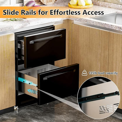 24 Inch Under Counter Dual Drawer Beverage Fridge, Weather Proof Outdoor Beverage Refrigerator for Patio, Stainless Steel Built-in Beverage Cooler for Home & Commercial Use, Black