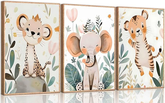 3 Pcs Safari Animals Nursery Canvas Wall Art Jungle Animals Cheetah Elephant Tiger Kids Room Illustration Pictures Wall Decor Posters Print Artwork for Classroom Boy's Girl's Room Bedroom