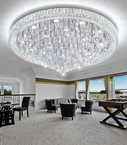 47'' Modern Chandeliers LED Dimmable Crystal Flush Mount Ceiling Chandeliers for Living Room High Ceiling Entrance Foyer Lobby Bedroom Silver