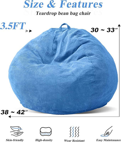 3.5FT Bean Bag Chairs Teardrop Bean Bag Chair for Adults Beanbag Chair with Memory Foam Filled Machine Washable Cover for Living Room, Bedroom (Large,Blue)