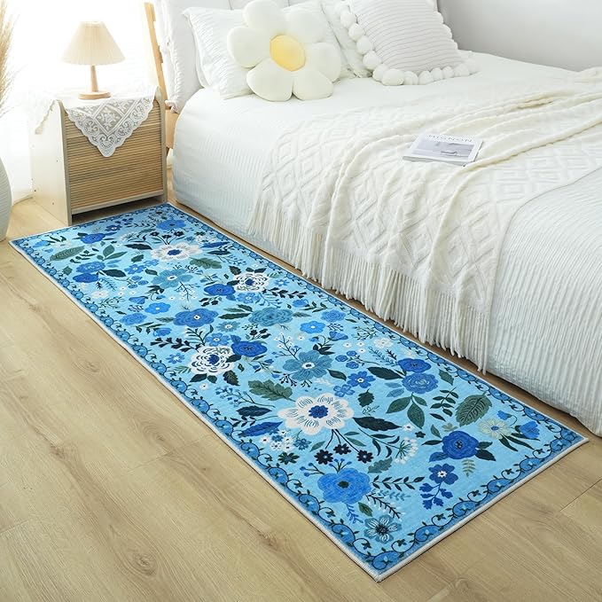 Runner Rug for Hallways Kitchen Rug Non Slip 2'x 6' Washable Runner Rugs with Rubber Backing Soft Floral Carpet Runner for Hallways, Kitchen, Laundry, Bedroom, Bathroom(Blue)
