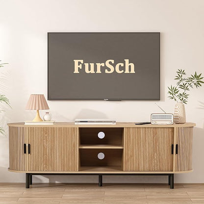 62" Tambour Door TV Stand,Wood Mid Century Modern TV Cabinet for Up to 75“ TV,Curved Edge Long TV Stand with Storage for Bedroom Living Room (Natural, 62.2inch)