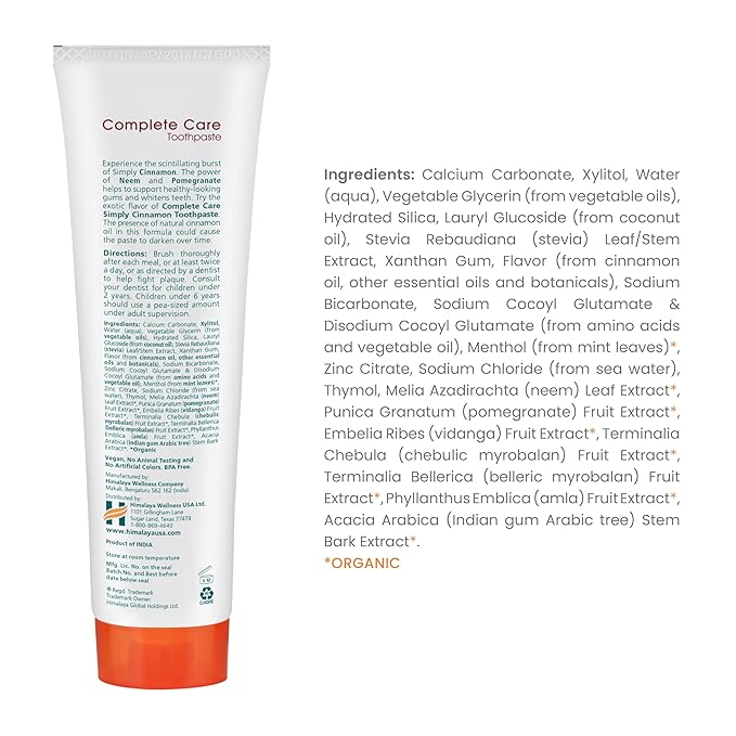 Himalaya Botanique Complete Care Toothpaste, Herbal, Cinnamon Flavor, Fights Plaque, Freshens Breath, Fluoride Free, No Artificial Flavors, SLS Free, Cruelty Free, Foaming, 5.29 Oz, 2 Pack
