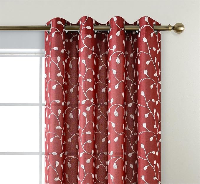 MIUCO Floral Embroidered Semi Sheer Curtains Faux Linen Grommet Curtains for Living Room 52 x 63 Inch 2 Panels, Burgundy