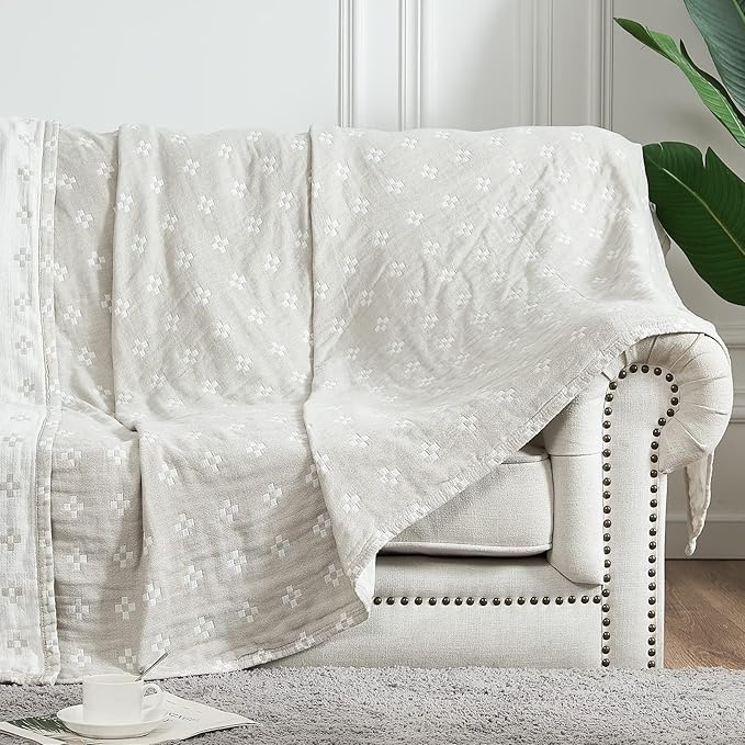 jinchan Boho 100% Cotton Blanket Muslin Twin Size 60x80 Inches Lightweight 3-Layer Geometric Cross Pattern Reversible Quilt Throw Soft Breathable Comfy All Seasons for Couch Bed Decor, Light Grey