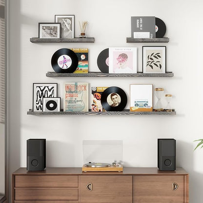 Picture Ledge Wall Shelves - 36 Inch Width Set of 3, Solid Pine Wood Rustic Floating Ledge Shelves for Kids' Room, Bedroom, Kitchen, Bathroom, Living Room, Nursery Display Wall Decor, Grey