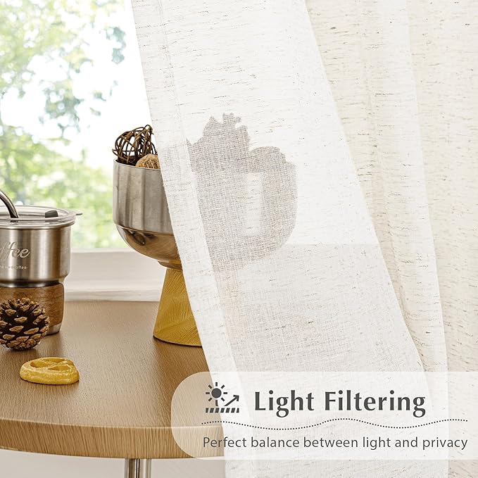 FMFUNCTEX Linen Sheer Pinch Pleated Curtains for Living Room, Linen Flax Beige 90 Inches Long Sheer Curtain See Through Panels for Bedroom, Natural Window Drapes for Farmhouse, Back Tab 2 Panels
