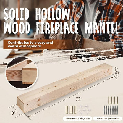 72x8x5 Fireplace Mantel - Handcrafted Hollow Rustic Solid Wood Wall Mounted Floating Shelf with Invisible Heavy Duty Wood Bracket (DIY Color)