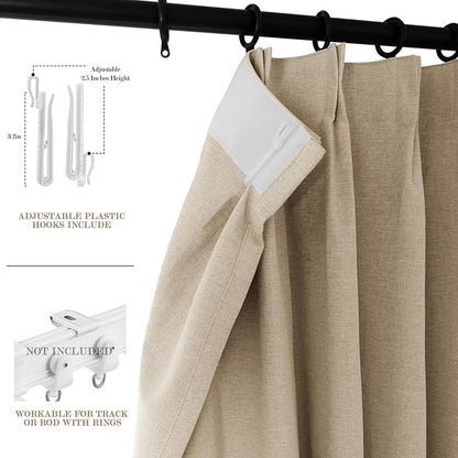 100" W x 96" L Faux Linen Room Divider Curtains, Full Blackout Pinch Pleated Drapes for Traverse Rod, Bedroom Divider Privacy Drapery with Hooks for Ceiling Track, 1 Panel, Sand Beige