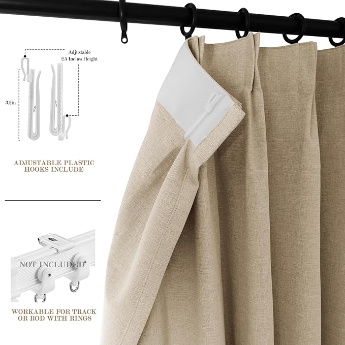 120" Wx108 L Linen Room Divider Drapes for Doorway/Glass Window/Sliding Door/Patio, Extra Wide Pinch Pleated Full Blackout Curtains for Girls Boys Teen Kids Room, 1 Panel, Sand Beige