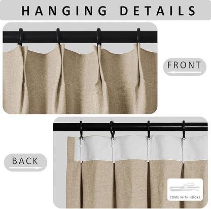 Macochico Pinch Pleated Blackout Curtains 102 Inches Long 100% Blackout Natural Linen Drapes for Bedroom Living Room Windows Farmhouse Burlap Curtains with Tieback 52”Wx102”L Sand Beige 1 Panel