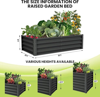 Galvanized Raised Garden Bed Outdoor, 2 Pcs 6x3x1FT Outdoor Large Planter Raised Beds Open Base with Safety Edge and Glove for Vegetables Flowers Ground Planter, Dark Gray