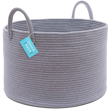 OrganiHaus Woven Laundry Basket, Large Cotton Rope Blanket Holder with Handles, Soft & Sturdy Nursery Hamper, Decorative Toy Bin for Living Room Organization 20x13 inches - Gray