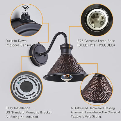 2 Pack Dusk to Dawn Outdoor Wall Light Fixtures Photocell Sensor, Exterior Sconce Light with Cast Hammered Aluminum Shade, Outside Wall Mount Lamp for House Patio Garage Entryway Doorway