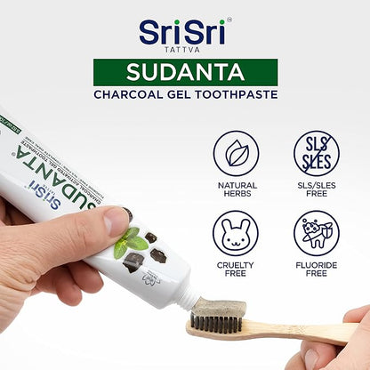 Sri Sri Tattva Sudanta Charcoal Toothpaste Gel – SLS, Fluoride Free Herbal Toothpaste with Neem & Ayurvedic Herbs – Natural Teeth Whitening, Fresh Breath, Oral & Gum Health – 100g Tube (Pack of 3)
