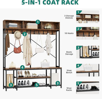 YITAHOME Entryway Bench with Coat Rack, 5-in-1 Hall Tree with Shoes Storage, Industrial Freestanding Coat Rack Shoe Bench with Storage Shelves, 10 Hooks for Hallway, Bedroom, Rustic Brown