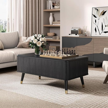 Lift Top Coffee Table with Storage Shelf & Hidden Compartment, Mid Century Modern Fluted Rectangle Dining Table for Living Room, Home Office,Black