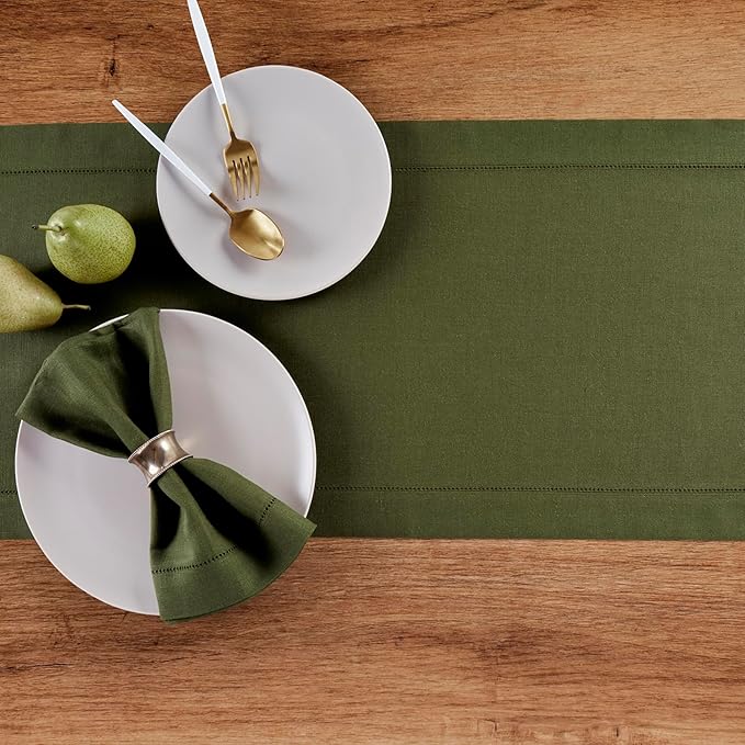 Solino Home Linen Olive Table Runner 90 Inches Long - 100% Pure Linen 14 x 90 Inch Table Runner for Fall, Autumn, Thanksgiving - Classic Hemstitch