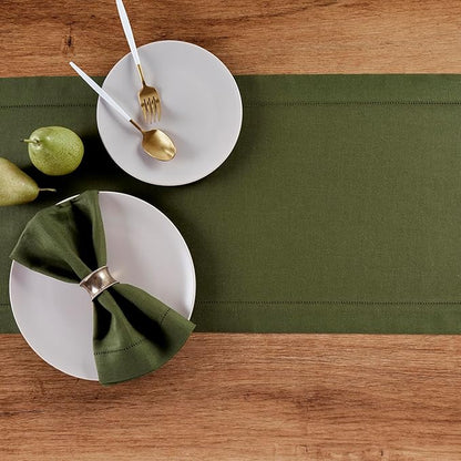 Solino Home Linen Olive Table Runner 120 Inches Long - 100% Pure Linen Hemstitch 14 x 120 Inch Table Runner for Dining, Fall, Autumn, Thanksgiving - Classic Hemstitch