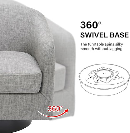 Swivel Barrel Accent Chair, Modern Round Linen Arm Chair for Living Room, Bedroom, Comfy Club Reading Chairs for Adults（Linen Fabric, Light Grey, Set of 1