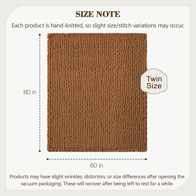 Carriediosa Chunky Knit Throw Blanket 60" X 80" Twin, 100% Hand Made Large Chenille Loop Yarn Soft Fluffy Throws for Couch Sofa Bed, Big Crochet Cozy Heavy Thick Cable Woven Blanket, Light Brown