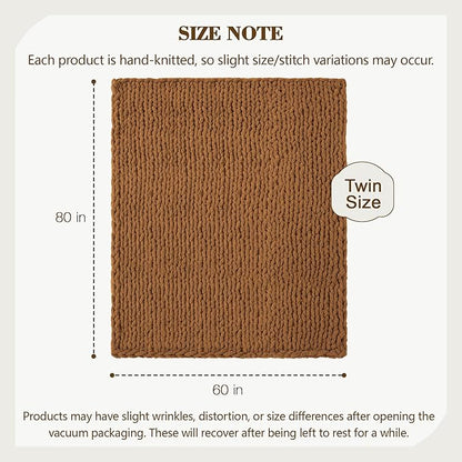 Carriediosa Chunky Knit Throw Blanket 60" X 80" Twin, 100% Hand Made Large Chenille Loop Yarn Soft Fluffy Throws for Couch Sofa Bed, Big Crochet Cozy Heavy Thick Cable Woven Blanket, Light Brown