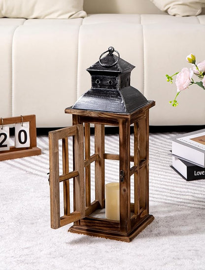 Large Farmhouse Decorative Wooden Lanterns Set of 2, Rustic Burnt Wood Floor Lanterns, Indoor/Outdoor Hurricane Lanterns for Home Decor (No Glass)