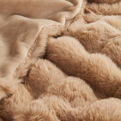 Lotus Karen King Size Faux Fur Blanket Khaki - Big Bubble Rabbit Fluff Blanket for Bed, Large Fluffy Fuzzy Cozy Blanket, Thick Furry Plush Shaggy Blankets, 108x90 Inches