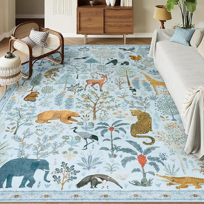 OJIA Animal Area Rugs 8x10, Soft 8x10 Washable Rugs for Living Room Bedroom, Non-Slip Boho Ultra-Thin Dining Room Rug Large Throw Carpet for Farmhouse Playroom Office, Light Blue