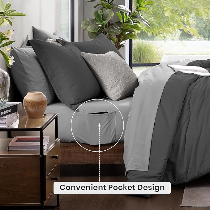 Monbix Full Size Comforter Set, Dark Grey Bedding Comforter for Full Size Bed Set Reversible, Bedding Sets Full 7 Pieces, Cationic Dyeing Bed in a Bag with Comforter, Sheets, Pillowcases & Shams