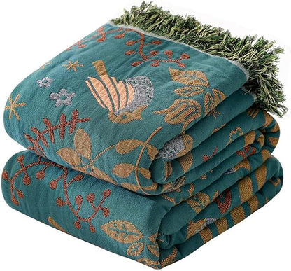 Boho Throw Blanket for Couch Sofa Bed, 100% Cotton Woven Quilt with Tassel 80”x90”, Super Soft Muslin Blanket with Bird Printed, Decorative Reversible Bed Blanket/Cover for All Seasons