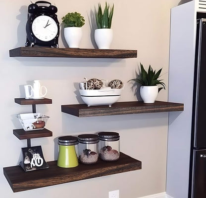 Wood Floating Shelves for Wall Decor, Rustic Wall Shelves for Bedroom Bathroom Kitchen Living Room, Set of 6 Walnut