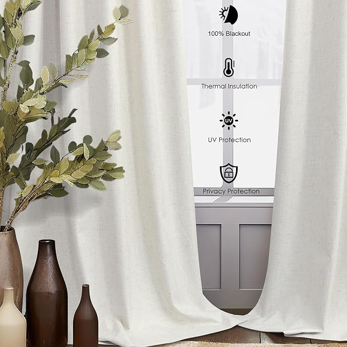 Total Blackout Linen Curtains 108 Inch Length 2 Panels Set for Bedroom Heat Cold Light Blocking Noise Reduction Cotton Linen Drape 9ft Long Floor to Ceiling Patio Sliding Door Curtain Cream White Back