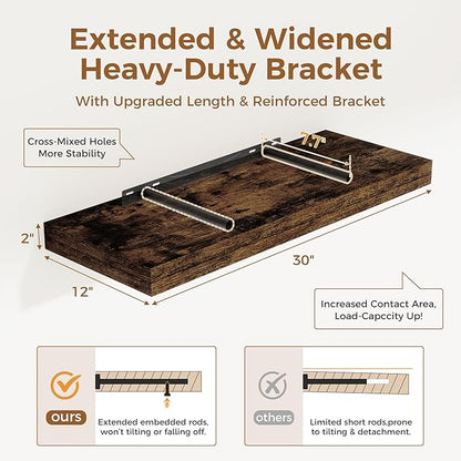 Floating Shelves 30 Inch Long, 12 Inch Deep Floating Shelf for Books, Rustic Wood 30 x 12 Storage Shelves for Wall Storage & Display, Thicked Wall Shelf for Kitchen, Living Room, Rustic Brown, 1 Pack