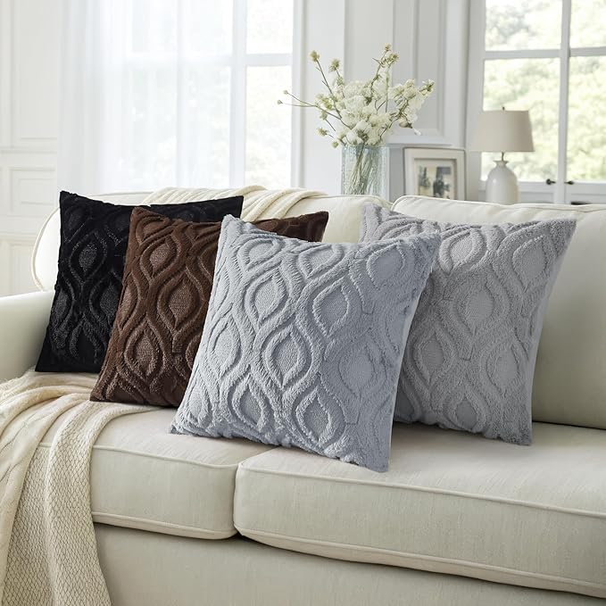 decorUhome Fall Throw Pillow Covers 24x24 Inch Set of 2, Soft Plush Decorative Faux Fur Grey Solid Couch Pillow Covers, Accent Farmhouse Neutral Square Euro Pillow Cases for Sofa Bed Living Room