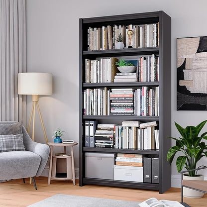 Bookshelf, 5 Shelf Bookcases, Tall Bookcase for Heavy Books, CDs, Movies, Garage Kit, Modern Display Shelf for Library Home Office Bderoom Living Room, Metal Bookshelves Industrial Black