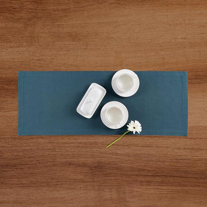 Solino Home Peacock Blue Table Runner 36 Inches - 100% Pure Linen Short Table Runner 14 x 36 Inch Ideal for Dresser and Coffee Tables - Fete