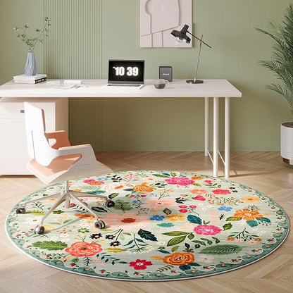 Round Rug 6ft Washable Circle Rug Non Slip Low Pile Boho Floral Small Circular Rug for Bedroom, Bathroom, Entryway, Kids Room, Office, College Dorm(Green)