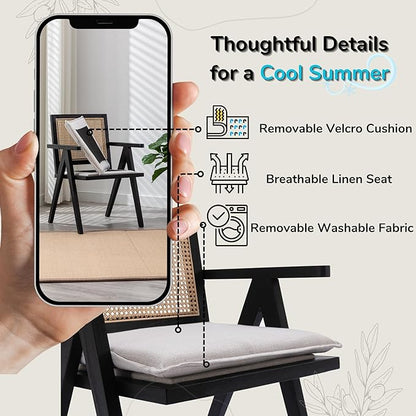 Rattan Dining Chairs Set of 6, Farmhouse Wicker Dining Chairs with Removable Linen Cushion Accent Cane Armchair for Dining Room Kitchen Restaurant, Black
