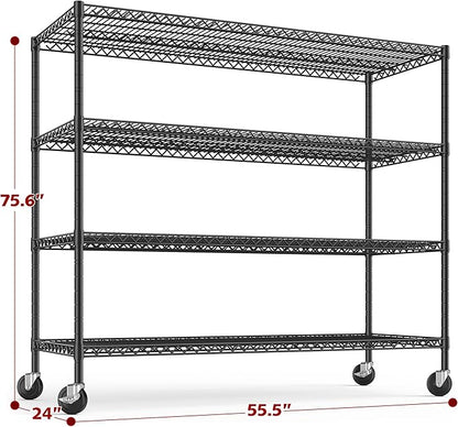 REIBII 55.5''W Storage Shelves 2500LBS Wire Shelving Rack with Wheels 75.6" H Heavy Duty Shelving Unit Adjustable Metal Shelves for Storage Rack Shelving for Kitchen Pantry 2PCS