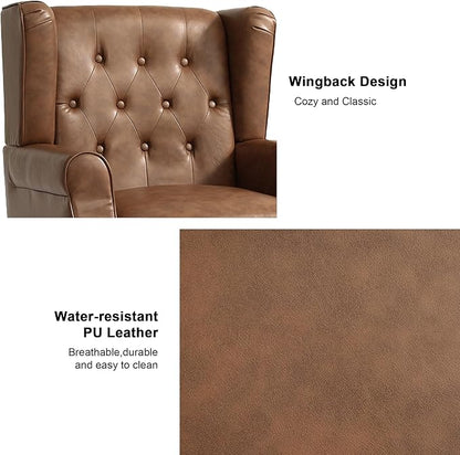 Accent Chair, Upholstered Armchair with Button Tufted High Back & Solid Wood Legs, Comfy Wingback Reading Single Sofa Chair for Small Spaces, Living Room, Bedroom (Leather Brown, Set of 1)