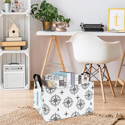 LANGYASHAN Rectangular Storage Bin Collapse Canvas Fabric Cartoon Storage Basket with Handles for Organizing Home Kitchen Boys and Girls Toys Office Closet Shelf Baskets (Rec Black Compass)