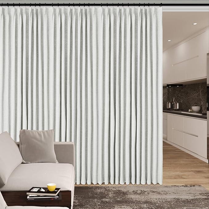 Full Blackout Privacy Curtains, 240 Inch Extra Wide Linen Blend Drapes, Pinch Pleat Window Drapery for Room Divider Storage/Space Room Separation, 1 Panel, W 240" x L 102", Greyish White