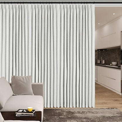 100% Blackout Linen Textured Drapes for Bedroom Pinch Pleated Curtains for Track System Portable Drapery for Sliding Glass Door/Storage/Space Room Divider, 70" Wx102 L, 1 PC, Greyish White