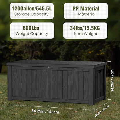 120 Gallon Outdoor Deck Box,Storage Lockable Waterproof Patio Furniture,Garden Tools,Cushions,Pool Accessories Outside Storage Resin Box(Black)